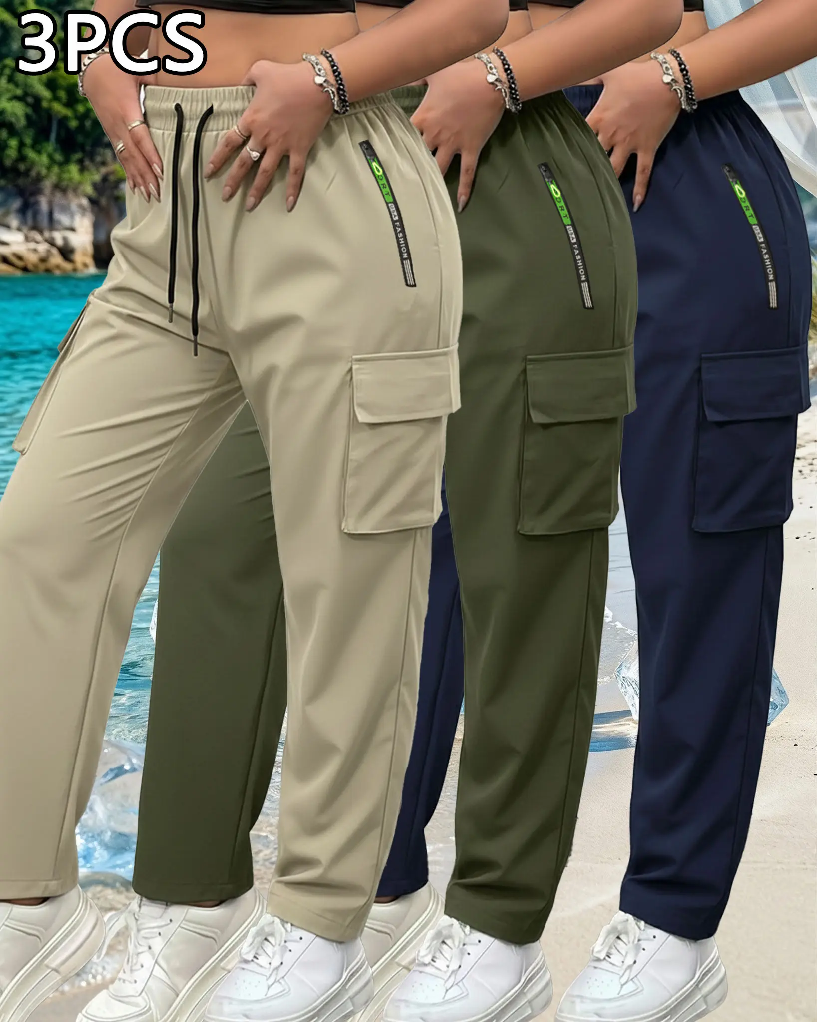 Available in packs of 3 or 4; women’s summer cargo pants with zippered pockets, multiple color options, lightweight and breathable, stylish large pocket design with an elastic waistband; casual outdoor/everyday long slim-fit pants.
