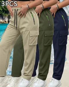 Available in packs of 3 or 4; women’s summer cargo pants with zippered pockets, multiple color options, lightweight and breathable, stylish large pocket design with an elastic waistband; casual outdoor/everyday long slim-fit pants.
