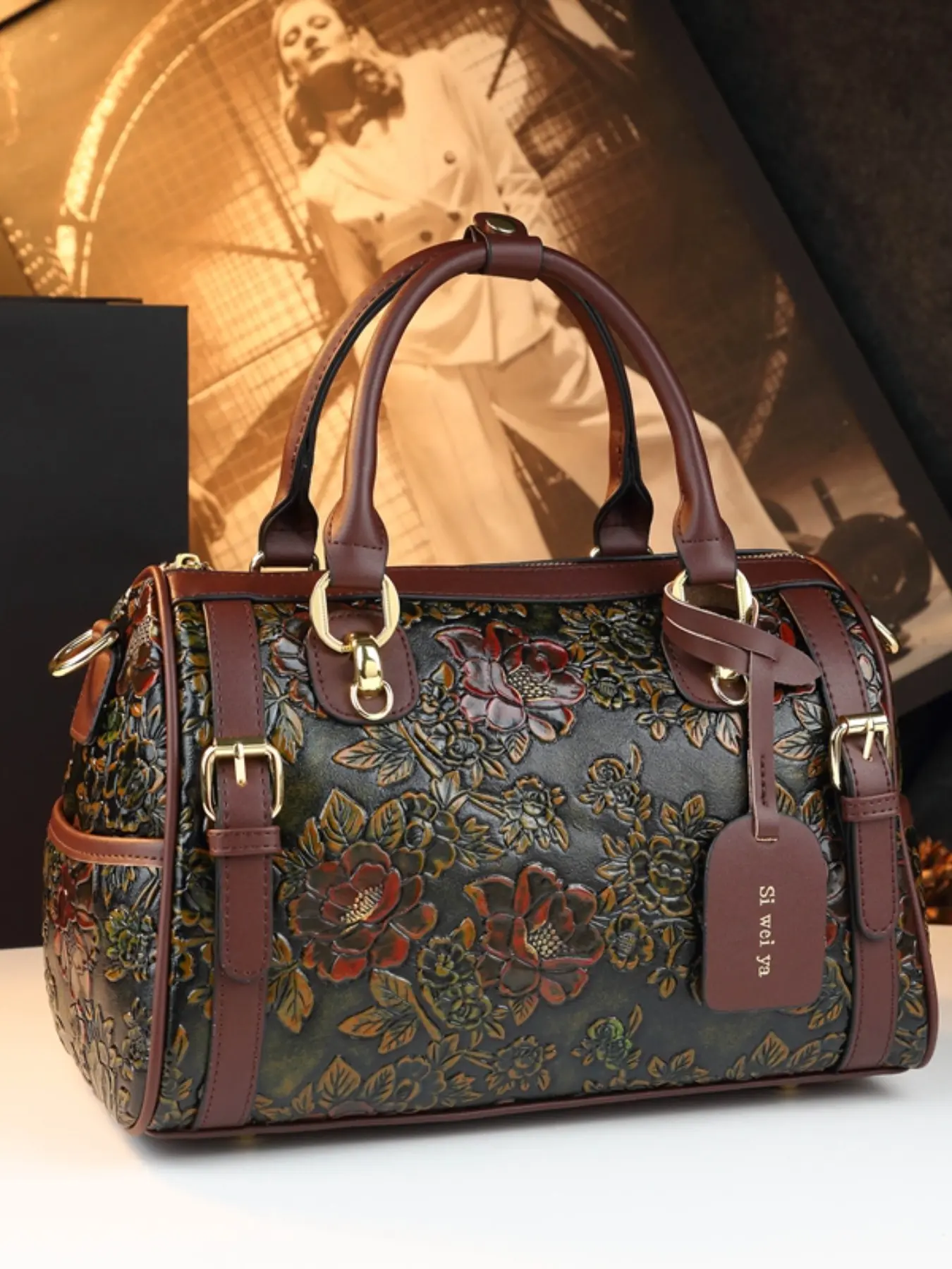 Vintage Embossed Floral Boston Bag, Large Capacity Commuter Handbag, Retro Shoulder Crossbody Bag for Women, Travel Pillow Tote Bag, Elegant Commuter Bag, Chic Vintage Handbag, Trendy Commuter Purse, Business Casual Handbag, PU Leather Bag