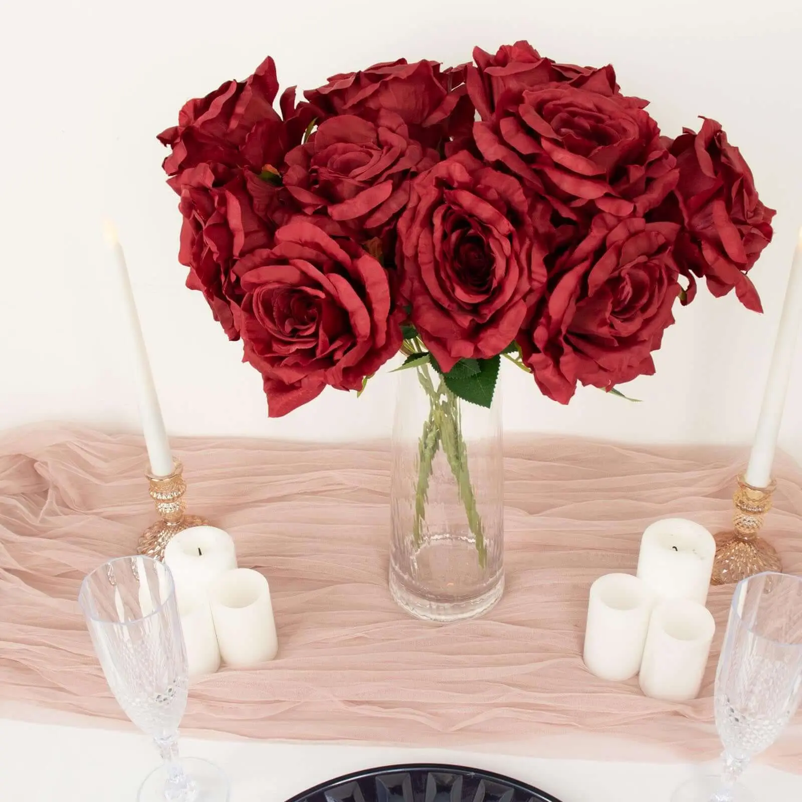 2 Pack Burgundy Premium Silk Jumbo Rose Flower Bushes, Artificial Wedding Floral Arrangements, 17"