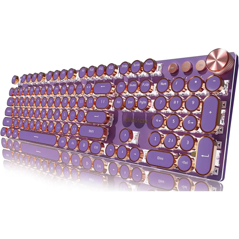 EWEADN Typewriter Style Mechanical Gaming Keyboard, Wired Mechanical Keyboards,104  Backlit LED Keyboards, Media Control Knob, Wired Computer Keyboard Pink  for Windows//PC-Purple