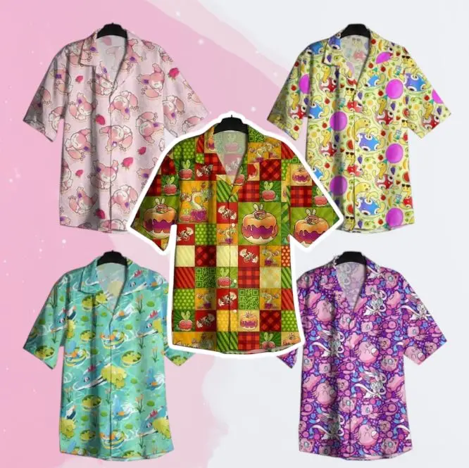 Pocket Monster Inspired Hawaiian Shirt, Kawaii Creature Tropical Aloha Button-Up Shirt, Unisex Beach Wear #HawaiianShirt #AlohaShirt #PocketMonster #KawaiiStyle #BeachWear #SummerOutfit #TropicalFashion #AnimeInspired