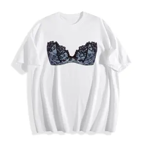 Edgy "Lace Bra Print" Oversized T-Shirt, White Y2K Aesthetic Lingerie Art Casual Streetwear Tee