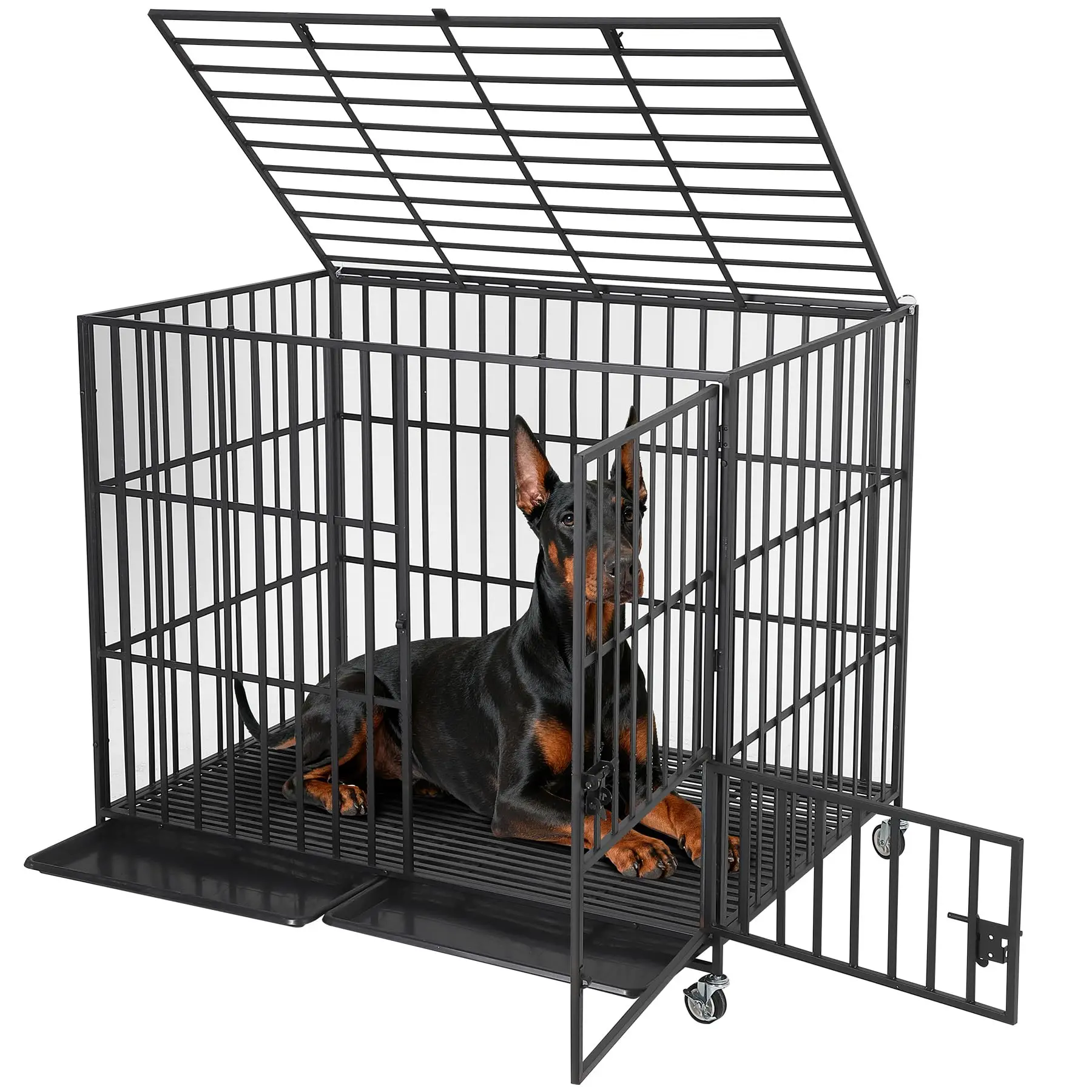 54-Inch Heavy-Duty Escape-Proof Metal Dog Crate for Large/Medium Dogs - Solid Bars Kennel with 3 Doors, Double-Lock, Removable Tray, Locking Wheels, Secure Contain Indoor/Outdoor Black Cage, Steel Tube