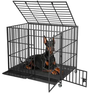 54 Inch Heavy Duty Escape-Proof Metal Dog Crate for Large & Medium Dogs – Indestructible Steel Kennel with 3 Doors, Double Lock, Removable Tray & Locking Wheels, Secure Indoor/Outdoor Cage, Black