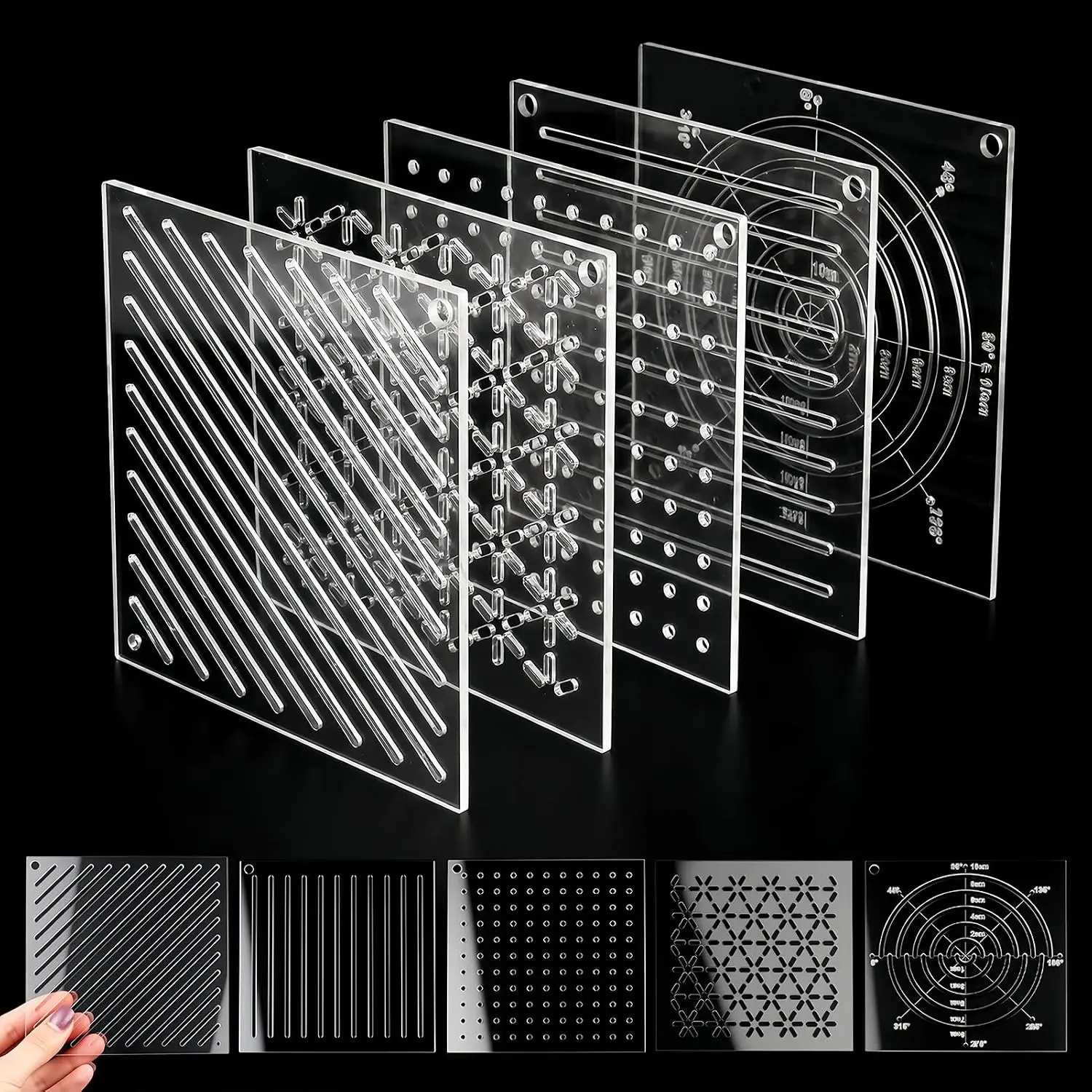 5 Pcs 2.5mm Thick Acrylic Sashiko Stencil Embroidery Templates with Dots Lines Arcs Slashes Cross Patterns 4.7 Inch Quilting Stencils for Hand Sewing Craft