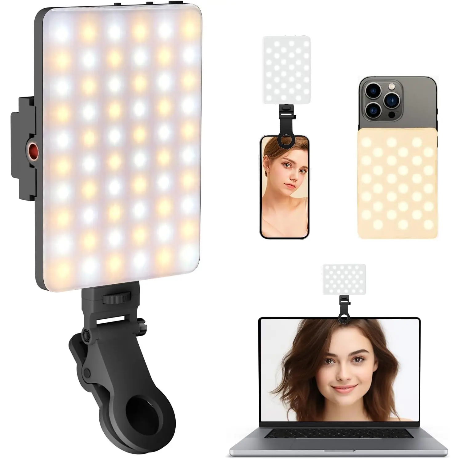 Clip-On Rechargeable Selfie Light - 60 LED Battery-Powered Smartphone Accessory, 3 Adjustable Modes for Cellphone, Laptop, Makeup, Vlog, Accessories, Batteries