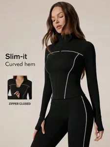 Women's Cropped Workout Contrast Zip Up Jakcets Long Sleeve Jacket, Sporty Breathable Quick Drying Outfits Seamless With Thumb Holes For Yoga Gym Running, Fashionable And Versatile, Suitable For All Seasons