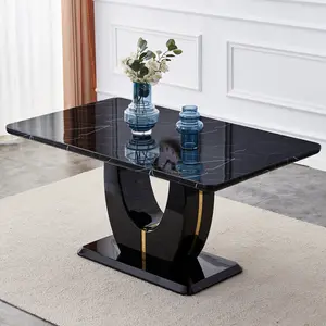 63" Black Marble-Look Dining Table for 6, Modern Rectangular Dining Table,Black imitation marble grain MDF dining table,Easy To Clean Sturdy,Suitable for Dining Room, Office, Kitchen