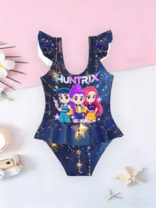 Girls' One-Piece Swimsuit, Sweet Cool Style, Pleated Hem Decor, Breathable & Comfortable, Perfect for Water Park Play, Swimming Suit