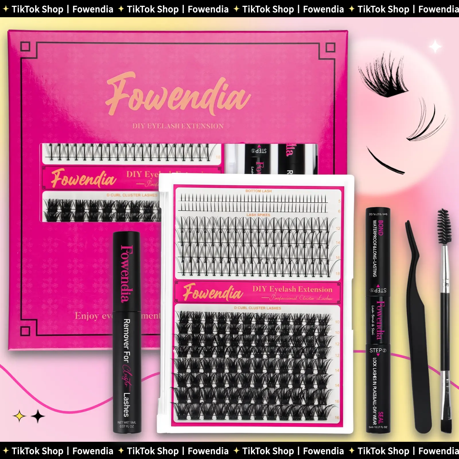 Fowendia Lashes Lavish Lash Clusters Kit | Waterproof Clusters DIY Lash Extension Kit | Individual Cluster Eyelash Extensions D Curl Kit with Bottom Lashes Wispy, Lash Bond & Seal Glue, Lash Tweezers | At-Home Makeup Cosmetic dealsforyoudays