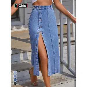 Women’s fine linen midi denim skirt, casual and fashionable button-front denim skirt, women’s summer underwear, women’s clothing — GARMENTARY