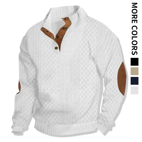 Men's Fitted Collared Neck Knit Sweater - Long Sleeves, Single-Breasted Button Placket, Jacquard Design, Classic Pullovers, Knitwear, Clean Style, Low Fuss, Mens Basics, Casual Chic All-Season Daily Tops