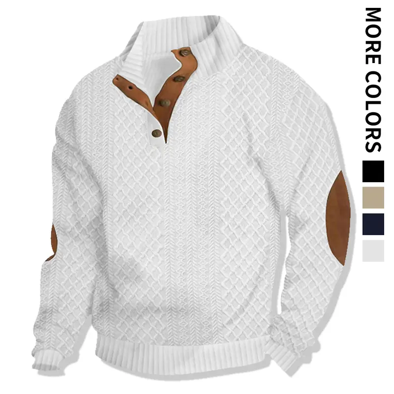 Men's Fitted Collared Neck Knit Sweater - Long Sleeves, Single-Breasted Button Placket, Jacquard Design, Classic Pullovers, Knitwear, Clean Style, Low Fuss, Mens Basics, Casual Chic All-Season Daily Tops
