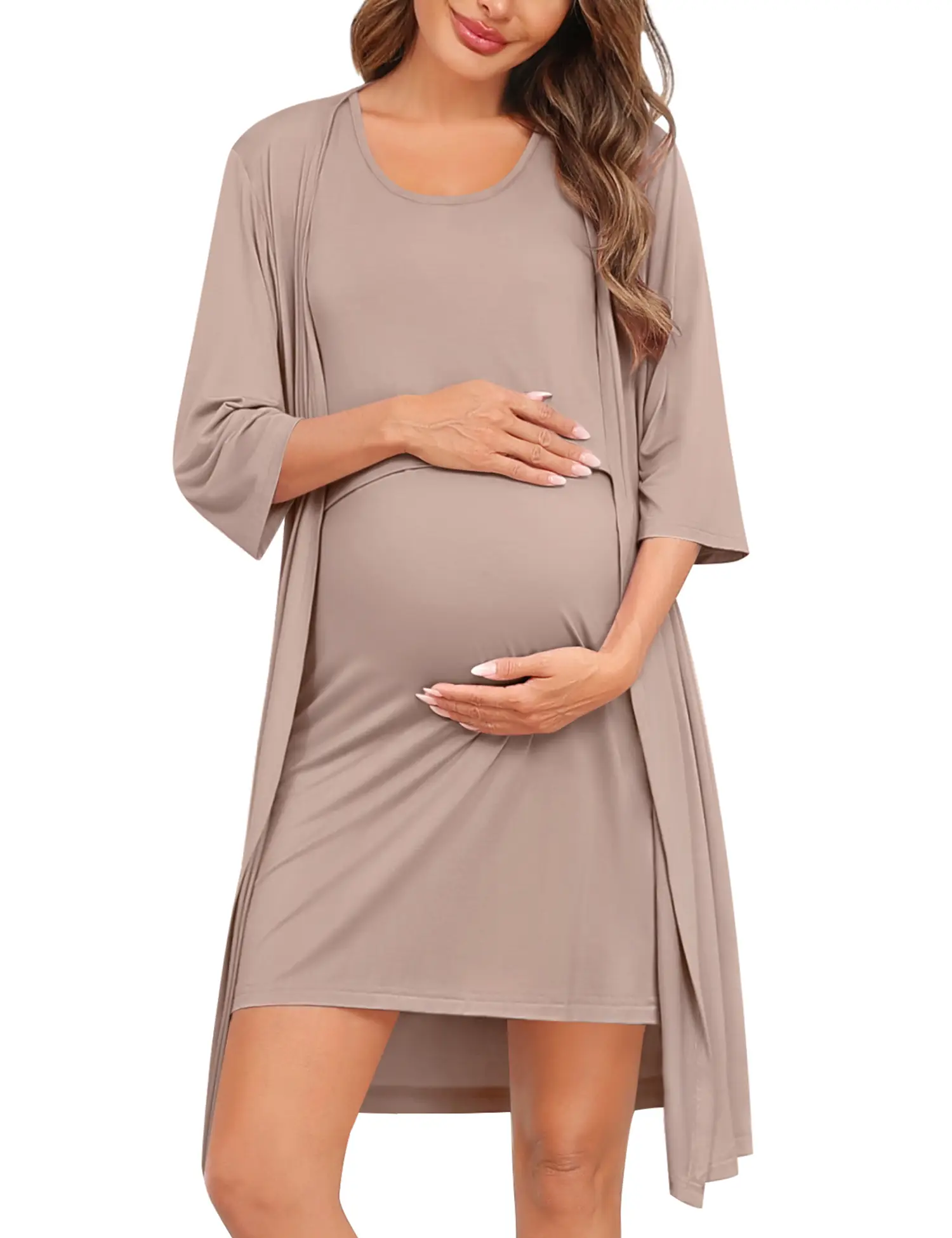 SWOMOG Women Maternity Nursing Gown and 3/4 Sleeve Robe Set Labor Delivery Nightgown Breastfeeding Hospital Bathrobe Clothing Pregnancy Gifts Cozy Cas