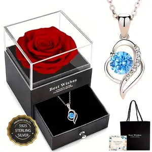 Red Roses Gift Box with S925 Silver Necklace Engagement Love Necklace Gift for Mother's Day Lovers Elegant Wedding Jewelry october birthstones romantic gift box valentines gifts for gf woman mother day