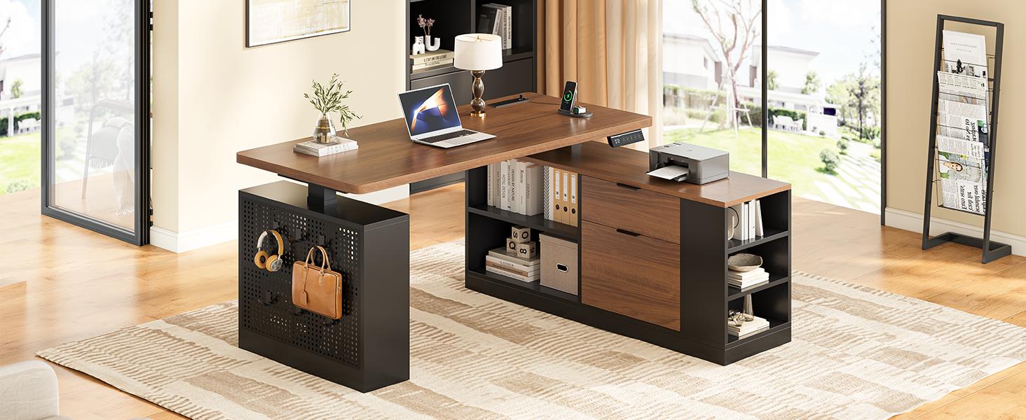 53" Electric Standing Desk with Drawers & Power Outlets, Electric Height Adjustable Executive Desk with File Drawers & Storage Shelves, Sit Stand Corner Computer Desk with Pegboard, 6 Hooks, Home Office Desk, Black & Walnut