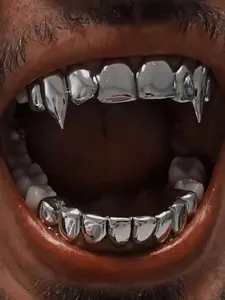 THATBOY [Fast Arrival]2pcs/Set Hip Hop Rapper Fashion Jewelry For Vampire Grillz 18K Golden Silvery Color Plated Braces Vampire Wolf Teeth Grills