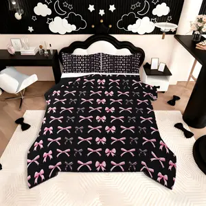 Pink Bow Bedding Set Soft for Boys Girls,Cute Bowknot Comforter Set Grils Bow Knot Duvet Quilt Microfiber Bedroom Decor