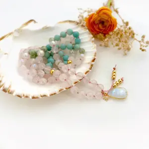 Love's Oasis Mala Necklace with Rose Quartz Amazonite and Moonstone Beads
