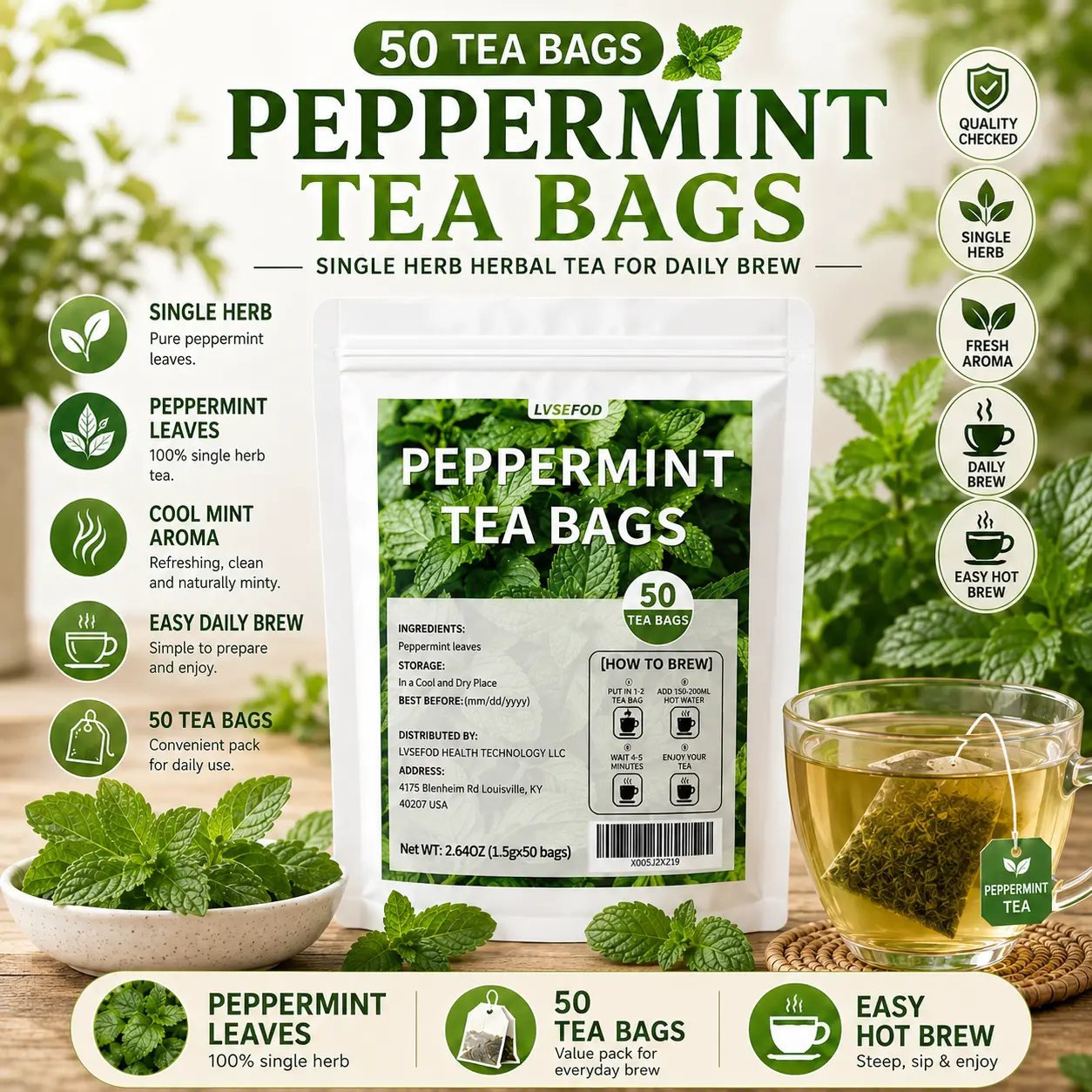 LVSEFOD Peppermint Tea Bags, 50 Count, 2.64 oz, Peppermint Leaf Herbal Tea Bags, Single Herb Botanical Tea, Easy Hot Brew for Daily Tea Time