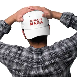 Baseball Cap with Red Embroidered "Chinga Tu MAGA" Text, Low Profile, Adjustable Fabric Strap, Curved Visor