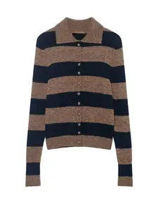 Women's Long Sleeve Polo Neck Striped Fitted Knit Cardigan, Button Closure, Same Color Front, Casual Fashion Outerwear, Knitwear