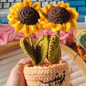 Handmade Crochet Double Sunflower Pot with Personalized Name Embroidery 8-Inch Custom Home & Gift Decor for Unique Gifts Premium Yarn Flower Pots Planters