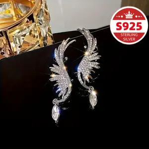 Pair of S925 Pure Silvery Women's Fashion Earlobe Rings and Full Ear Earrings with Shining Angel Wings Design, Exquisite Women's Jewelry, Christmas and Valentine's Day Gift