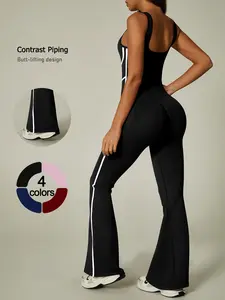 Women's High Stretch Sporty Jumpsuit, Quick-Dry Fabric, Comfortable Fit, Wave Hem, Colorblock Side Trim, Vintage Fashion Style