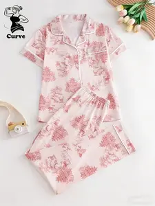 Ink painting printed long-sleeved women's pajamas, lapel short-sleeved button-up tops and comfortable stretch trousers, an elegant women's pajama set suitable for home, Loungewear