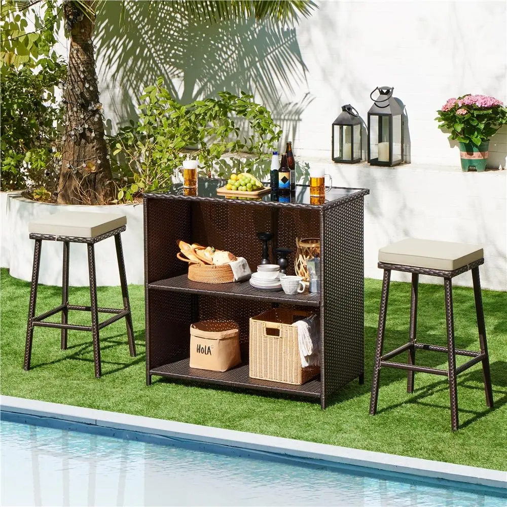 Yaheetech 3-Piece Outdoor Bar Set Rattan Patio Furniture Set with 2 Storage Shelves, Glass Top Table, Cushions and Two Stools Modern Lounge