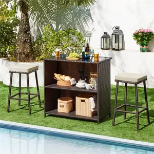 Yaheetech 3-Piece Outdoor Bar Set Rattan Patio Furniture Set with 2 Storage Shelves, Glass Top Table, Cushions and Two Stools