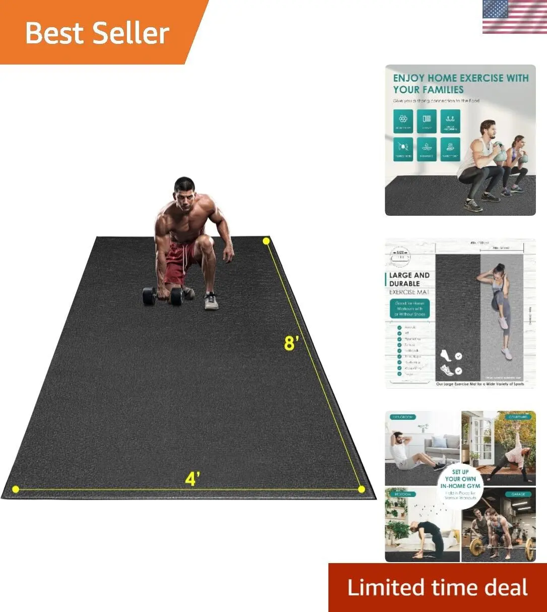 Large Exercise Mat, 8' X 4'X 1/4" Extra Durable Workout Mats for Home Gym Flo...