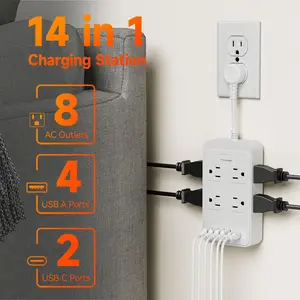 8-Outlet Modern Extender with Surge Protector, 6 USB Ports (4A+2C), Cable, Compact Power Strip for Home/Office/Travel