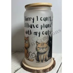 Frosted Glass Can Cup with Bamboo Lid & Straw | “Sorry I Can’t, I Have Plans with My Cats” | 16oz Cat Lover Tumbler