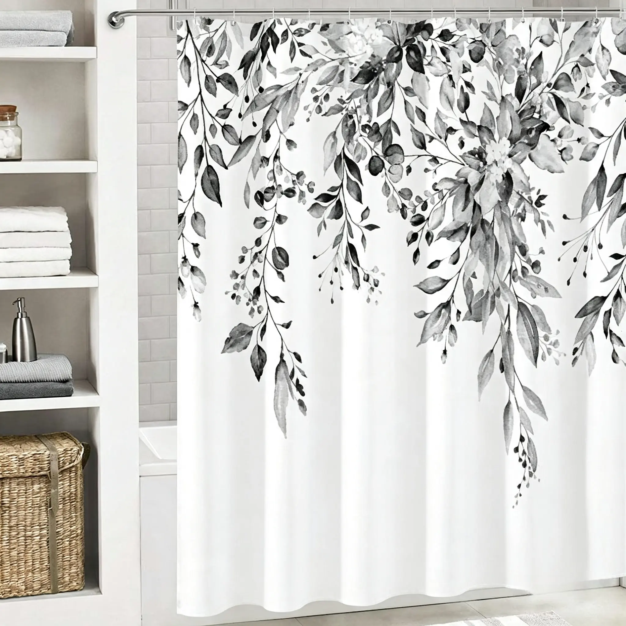 Black White Watercolor Eucalyptus Shower Curtain - 70.8x70.8in Waterproof Fabric, Machine Washable, Non-Transparent, Boho Floral Bathroom Decor with Hooks