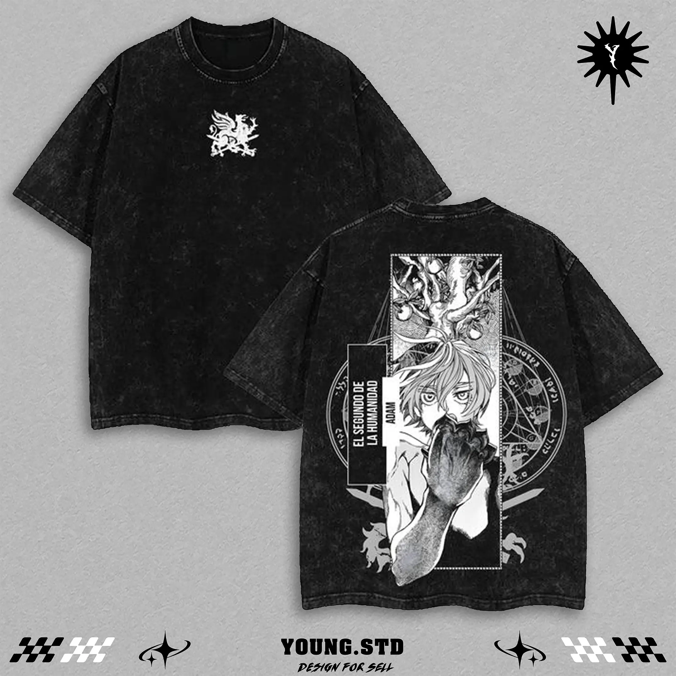 ADAM x Record Of Ragnarok T-Shirt Anime Double Printed Washed Tee for Men - Graphic Tee, Anime Merch Cotton T-Shirt Gift for Anime Manga Lover