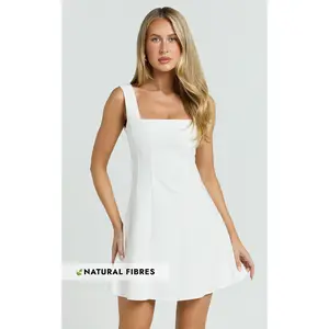 Adiana Mini Dress - Linen Square Neck Shirred Back A Line Dress in Off White