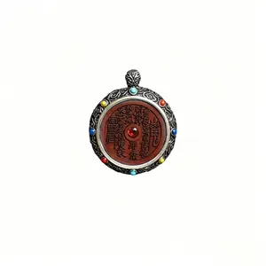 Handmade Lightning-Struck Old Dark Jujube Wood Mountain Spirit Pendant, Tibetan Silver Frame, Taoist Ritual Amulet, Portable Collectible Cultural Accessory, Finely Carved