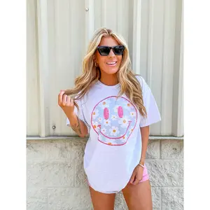 Pink Face Blue White Daisy Smiley Graphic Top
