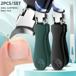 2-piece set of splash proof large opening nail clippers, designed with a slanted mouth specifically for toenails, paired with nail files for a cleaner and more worry free trimming of thick and embedded nails