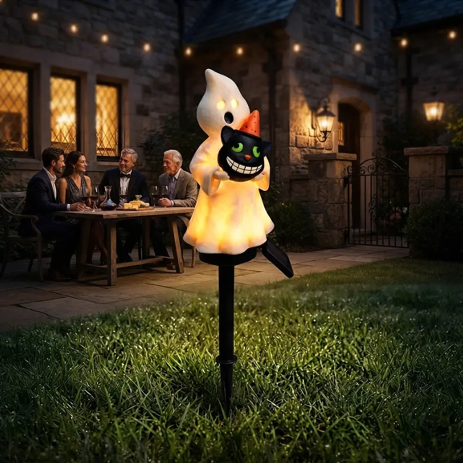 Solar Ghost Holding Black Cat Garden Stake Light Outdoor Waterproof LED Spooky Cute Phantom with Kitten Yard Art Lawn Ornament Pathway Landscape Decor for Halloween Party Prop Backyard Patio Porch Holiday Gift Festival Lighting