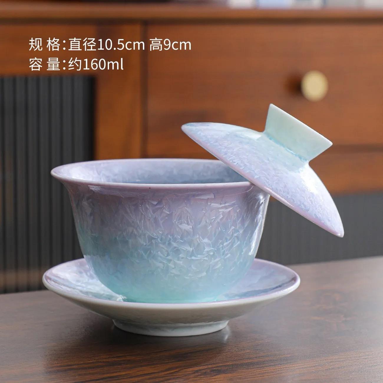 T12. Jingdezhen handmade gradient gaiwan large kiln-fired crystal tea bowl Kung fu tea set for home