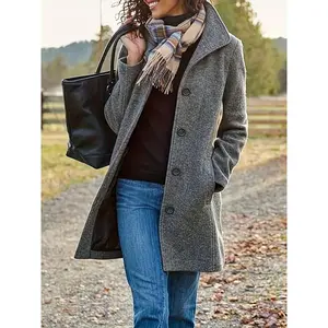 Women's Casual Thicken WoolBlend Stand Collar Single Breasted Pea Coat MB26324 Regular Fit Polyester Fall/Winter Jacket