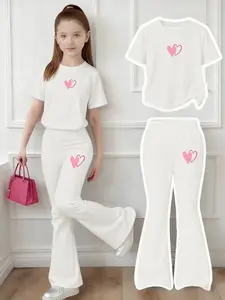 2 Piece Set for Teen Girls, Casual Short Sleeve Top and Pants for Summer, All over Print Fitted Design for All Seasons, Casual Fashion Set