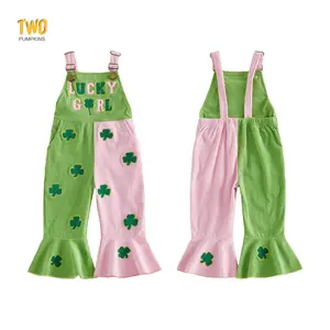 St Patricks Toddler Baby Girls Spring Jumpsuit Bell Bottoms Shamrock Letter Embroidered Sleeveless Overalls