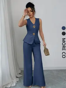 Elegant Minimalist V Neck Camisole and Wide Leg Pants Set for Women, Chic Fashion Casual Solid Color Office Wear, Fitted Sleeveless Top and Long Pants Suits