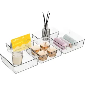 5 PCS Clear Plastic Drawer Organizer Set, 2 Sizes Acrylic Drawer Storage Trays Non Slip Storage Bins for Makeup, Jewelry, Gadgets for Kitchen, Bedroom, Bathroom, Office