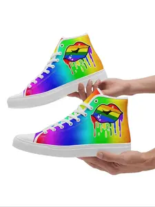 Women's Random Rainbow & Lip Print Lace Up Front Sneakers, Casual Comfortable Sports Shoes for Daily Wear, Gym Training Sport Walking Shoes for All Seasons
